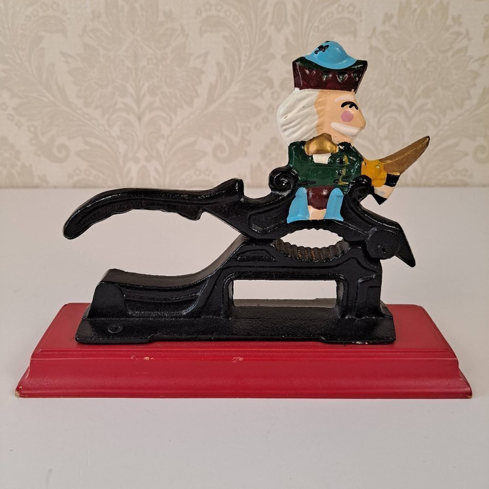 Cast Iron Lever Nutcracker on Wooden Base Vintage